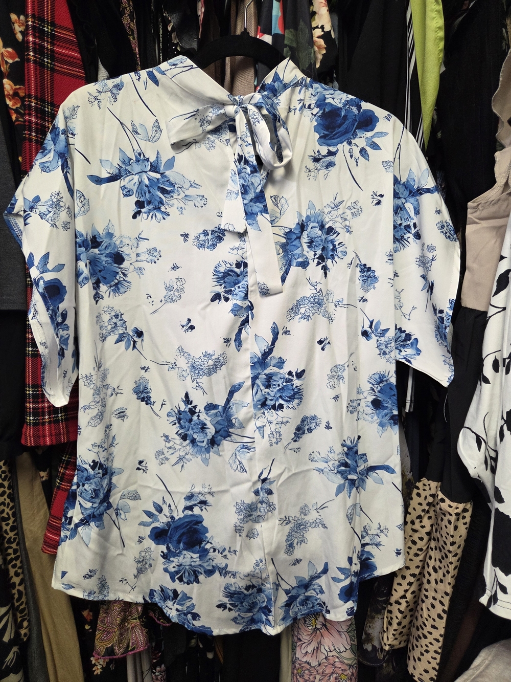 SHEIN White Blouse with Blue Floral Tie Neck. Never Been Worn.